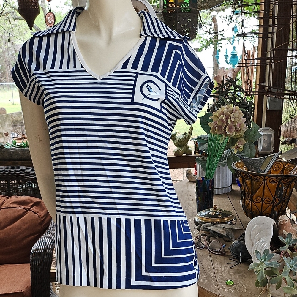 Fun Vintage CATALINA brand Swimwear Polyester Blue Stripe Blous Size M